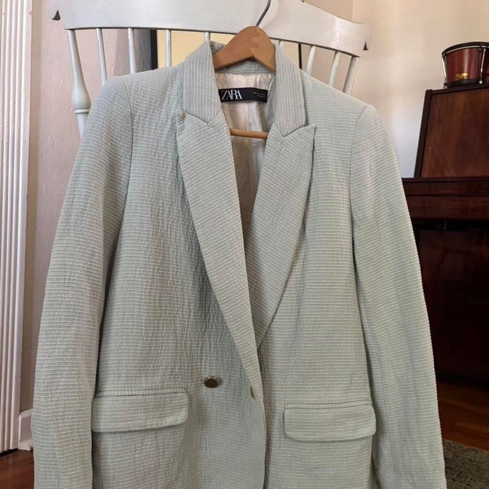 Zara textured mint blue green blazer with gold button double breasted details